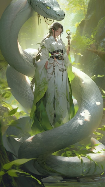 There is a woman standing next to a snake in a forest generative ai