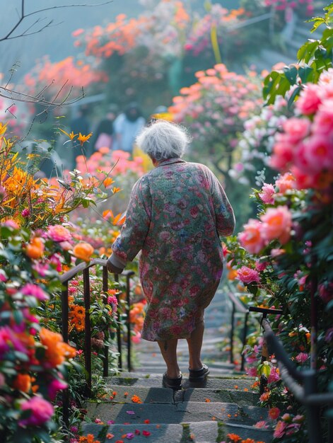 there is a woman walking down a set of stairs in a garden generative ai