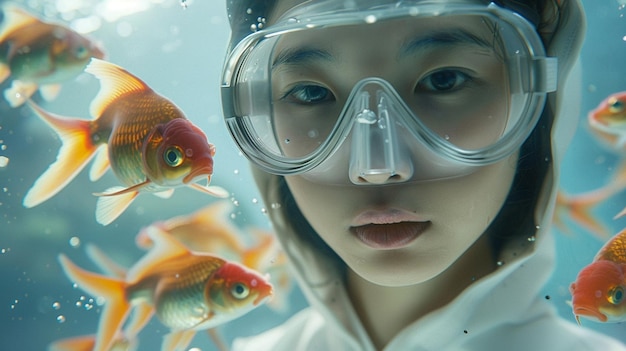 Photo there is a woman wearing goggles and a mask in front of a group of goldfish generative ai