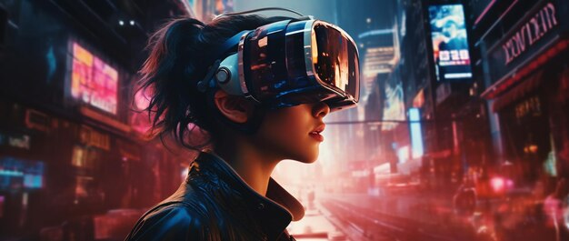 there is a woman wearing a pair of goggles on a city street generative ai