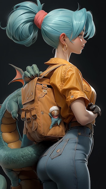 there is a woman with a backpack and a dragon on her back generative ai