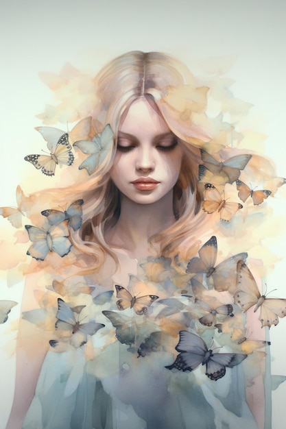 there is a woman with butterflies in her hair generative ai