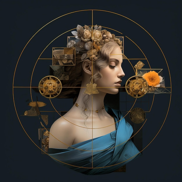 there is a woman with a flower in her hair and a golden circle generative ai