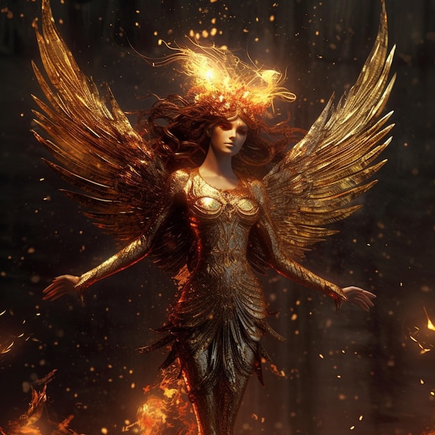 there is a woman with a golden dress and wings in the fire generative ai