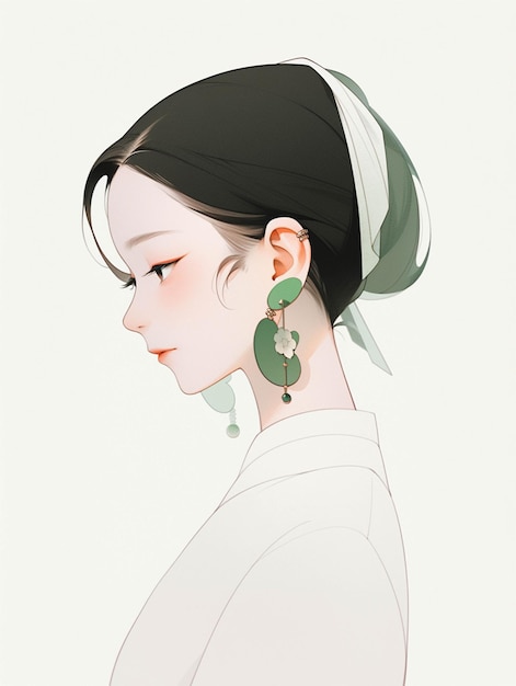 There is a woman with a green earring and a white shirt generative ai