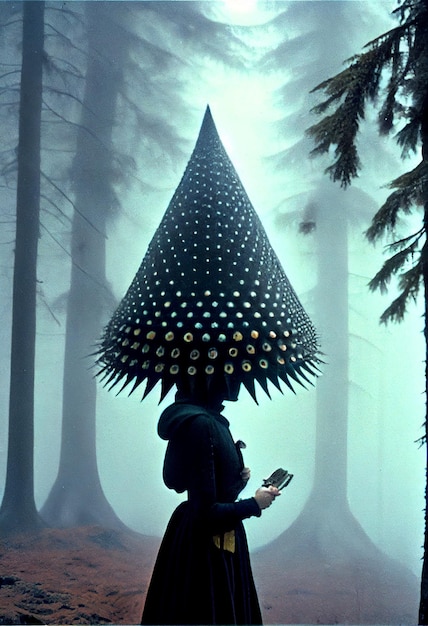 there is a woman with a large umbrella in the woods generative ai