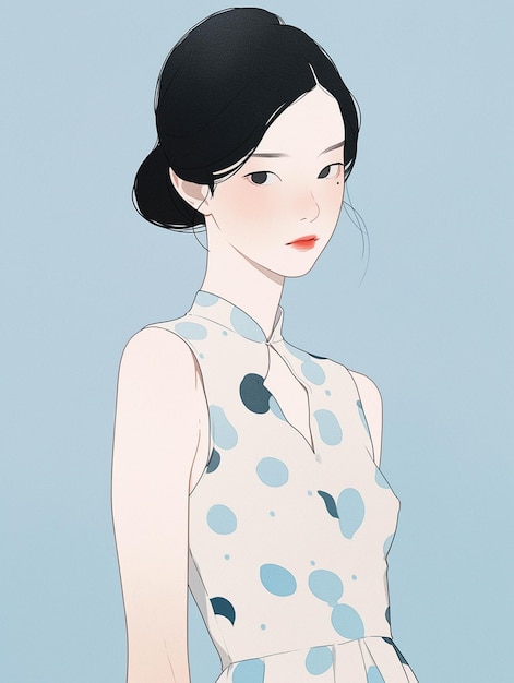 There is a woman with a polka dot dress and a blue background generative ai