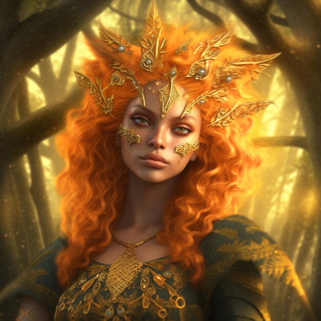 there is a woman with red hair and a gold crown generative ai