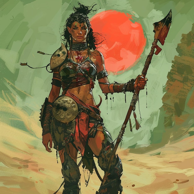 there is a woman with a spear and a shield in the desert generative ai