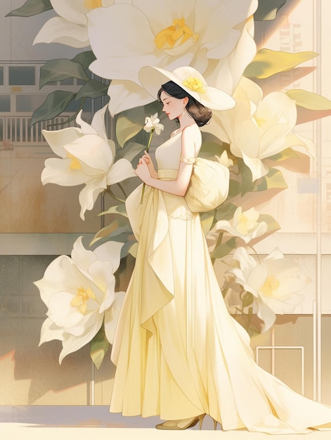 there is a woman in a yellow dress and hat standing in front of a large flower generative ai