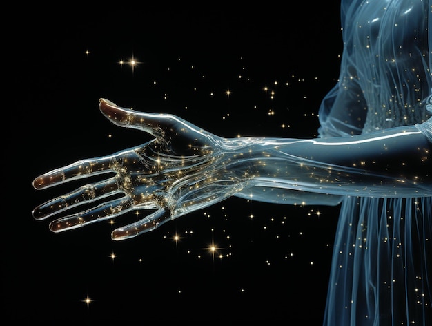 There is a womans hand with a glowing hand generative ai