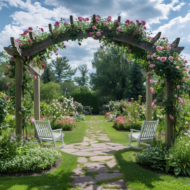 there is a wooden arch with flowers on it in the garden generative ai