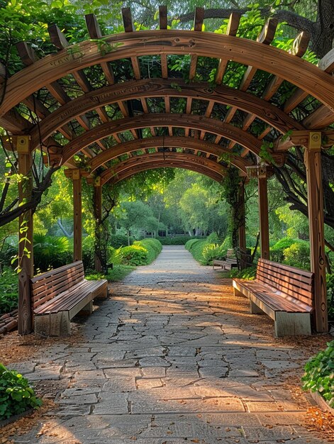 Photo there is a wooden archway with benches in the middle of it generative ai