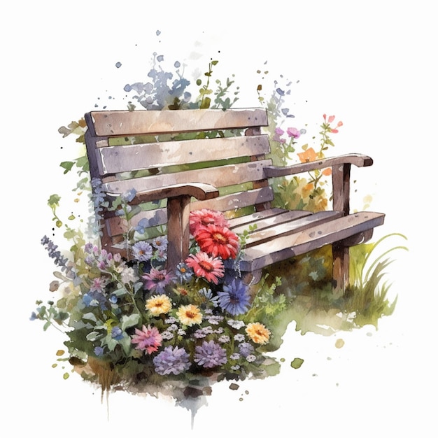 There is a wooden bench with flowers on it in the grass generative ai