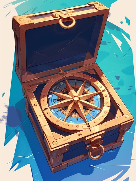 Photo there is a wooden box with a compass inside of it generative ai