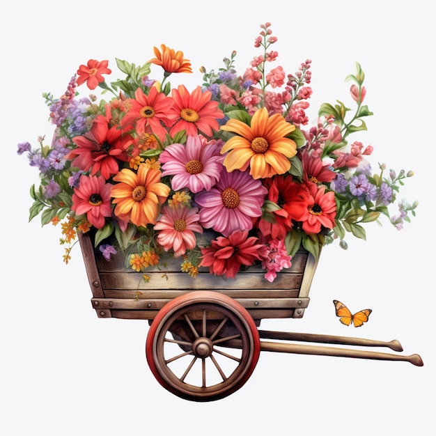 There is a wooden cart with flowers and a butterfly on it generative ai