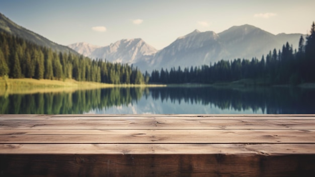 there is a wooden deck overlooking a lake and mountains generative ai