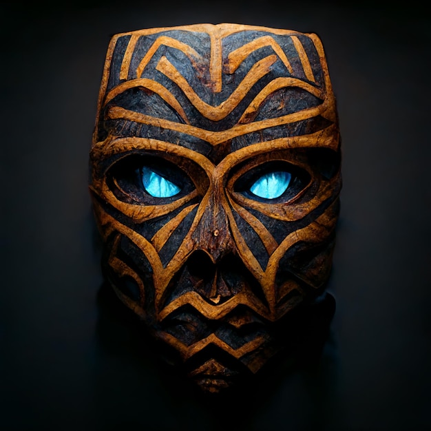 There is a wooden mask with blue eyes on a black background generative ai