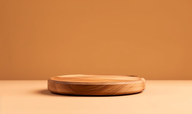 there is a wooden plate on a table with a brown background generative ai