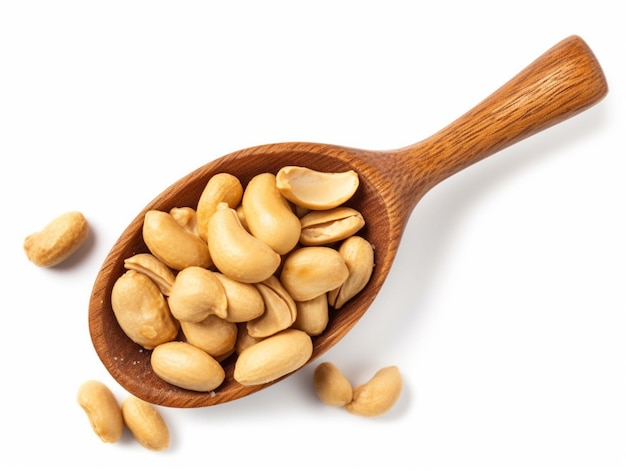 there is a wooden spoon filled with cashews on a white surface generative ai