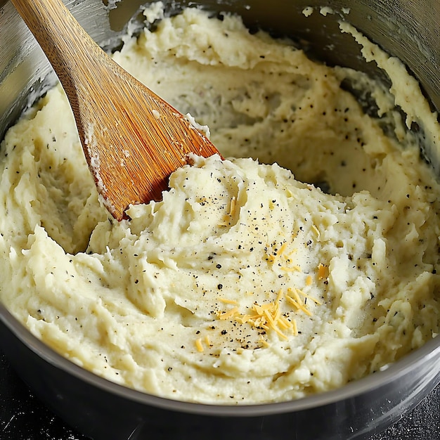 Photo there is a wooden spoon in a pot of mashed potatoes