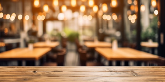 there is a wooden table with a blurry background of a restaurant generative ai