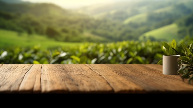 there is a wooden table with a cup on it in front of a field generative ai