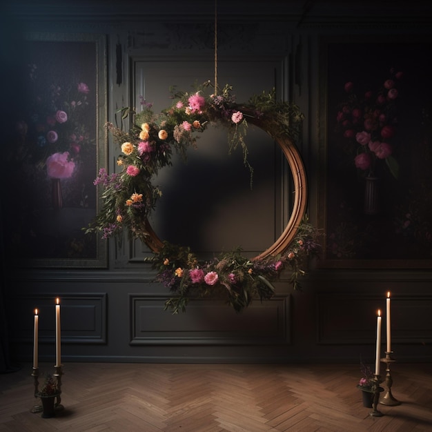 there is a wreath of flowers hanging from a mirror in a room generative ai