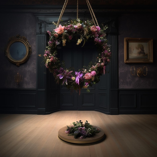 there is a wreath of flowers hanging from a rope in a room generative ai