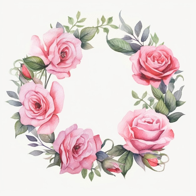 there is a wreath of pink roses with green leaves on a white background generative ai