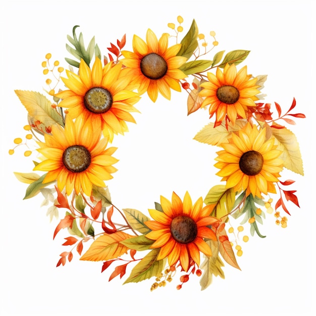 there is a wreath of sunflowers and leaves on a white background generative ai