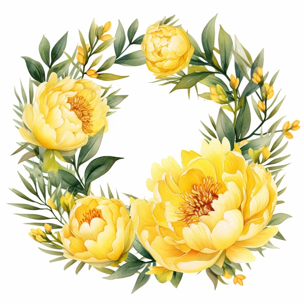 There is a wreath of yellow flowers and green leaves generative ai