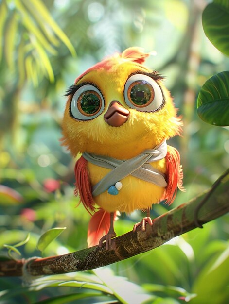 there is a yellow bird with big eyes sitting on a branch generative ai