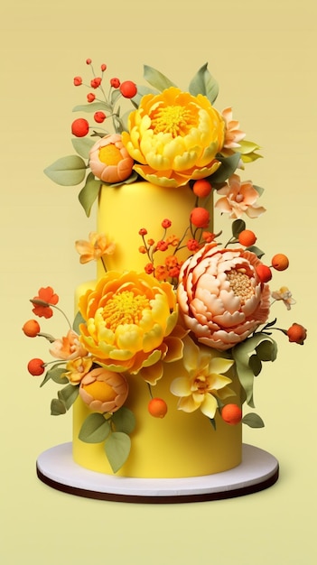 There is a yellow cake with flowers and berries on it generative ai