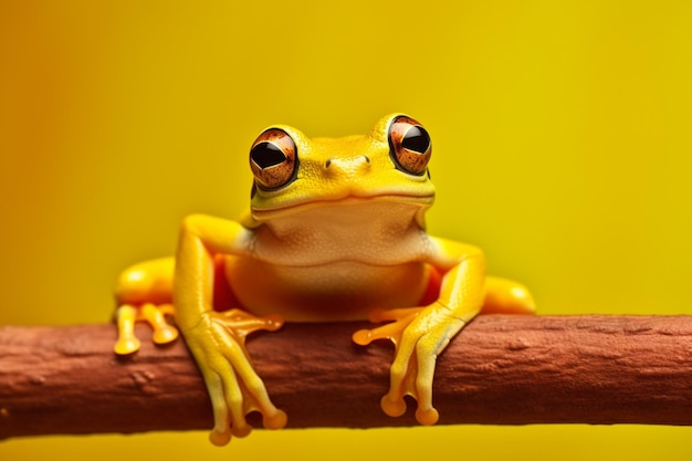 There is a yellow frog sitting on a branch with a yellow background generative ai