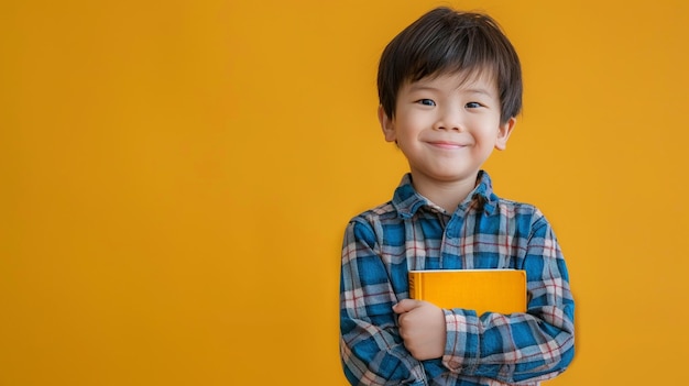 there is a young boy holding a yellow book in his hands generative ai