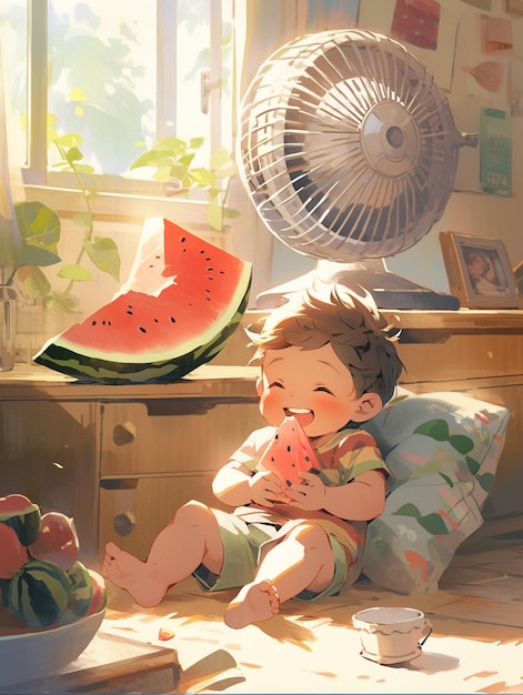 there is a young boy sitting on a floor with a watermelon generative ai