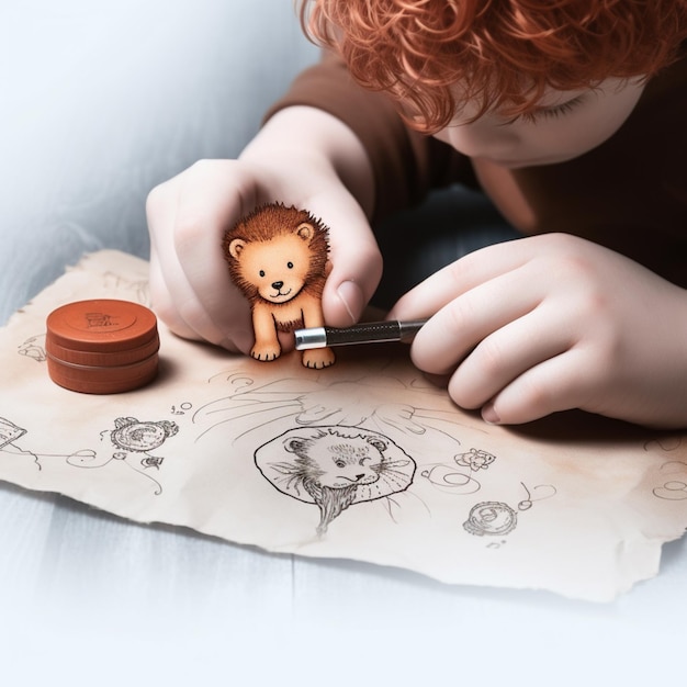 There is a young boy that is drawing a lion on a piece of paper generative ai