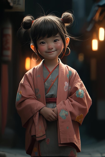 there is a young girl in a kimono standing in the street generative ai