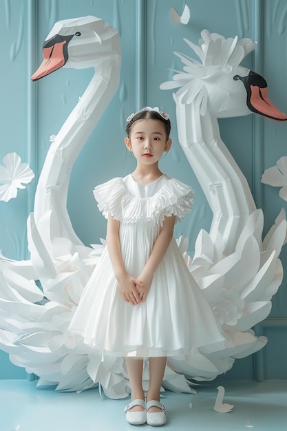 there is a young girl standing in front of a paper swan generative ai