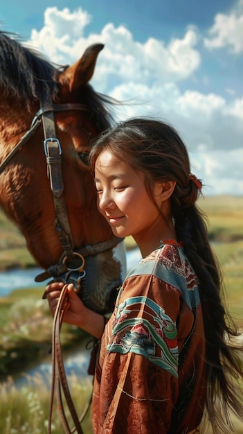 there is a young girl standing next to a horse in a field generative ai