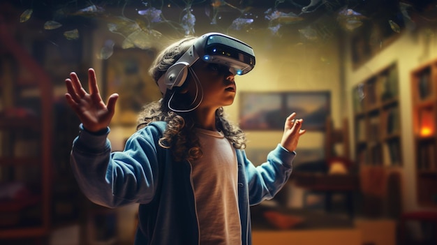 there is a young girl wearing a virtual reality headset generative ai