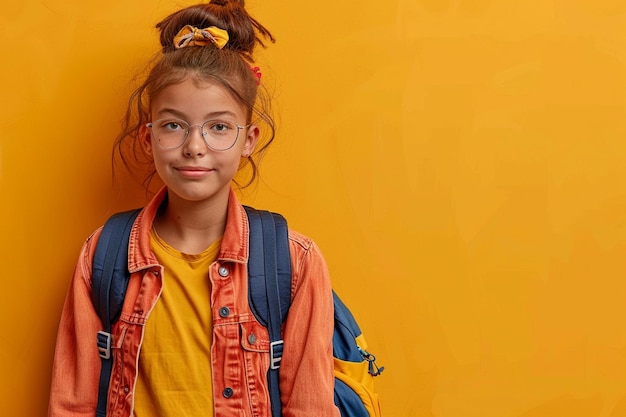 Photo there is a young girl with glasses and a backpack standing against a yellow wall generative ai