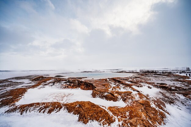 Thermal spring at Haukadalur valley Geysir geothermal area winter iceland