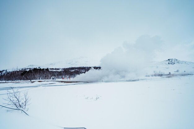 Thermal spring at Haukadalur valley Geysir geothermal area winter iceland