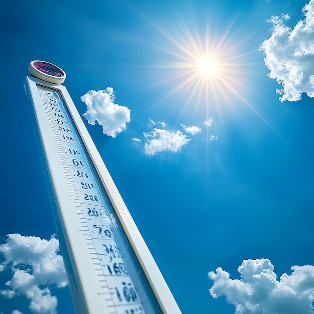 Photo thermometer on a blue sky with sun shining v 61 job id ed68d021754a42758fe5fe60215755a4