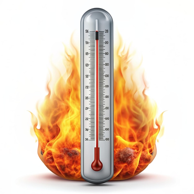 Photo thermometer on fire on white background