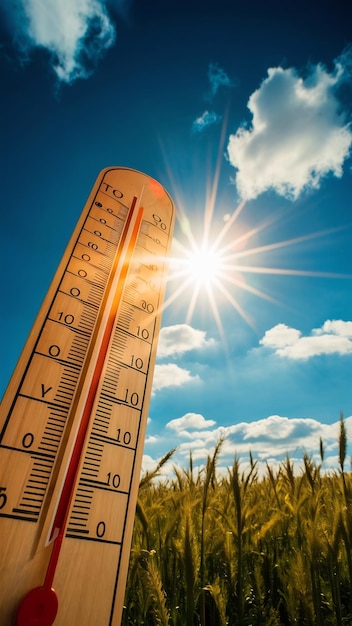 Photo thermometer mit strahlender sonne und blauem himmel im hintergrund