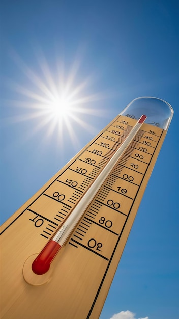 Photo thermometer mit strahlender sonne und blauem himmel im hintergrund