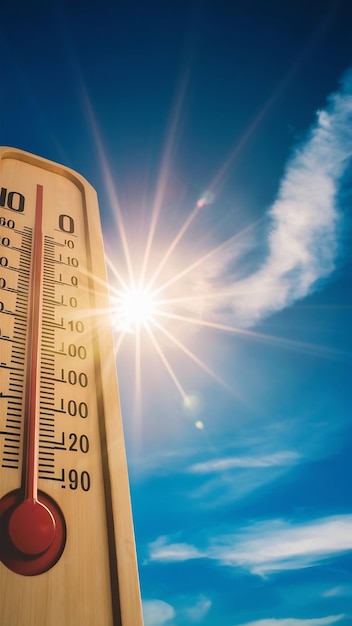 Photo thermometer mit strahlender sonne und blauem himmel im hintergrund